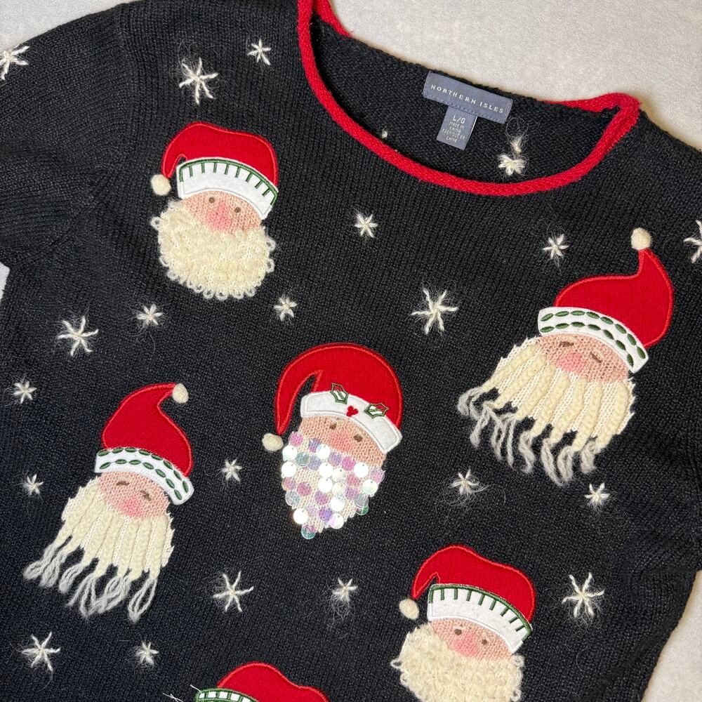 VTG Northern Isles Santa Claus face Christmas sweater - black 3D beards size L